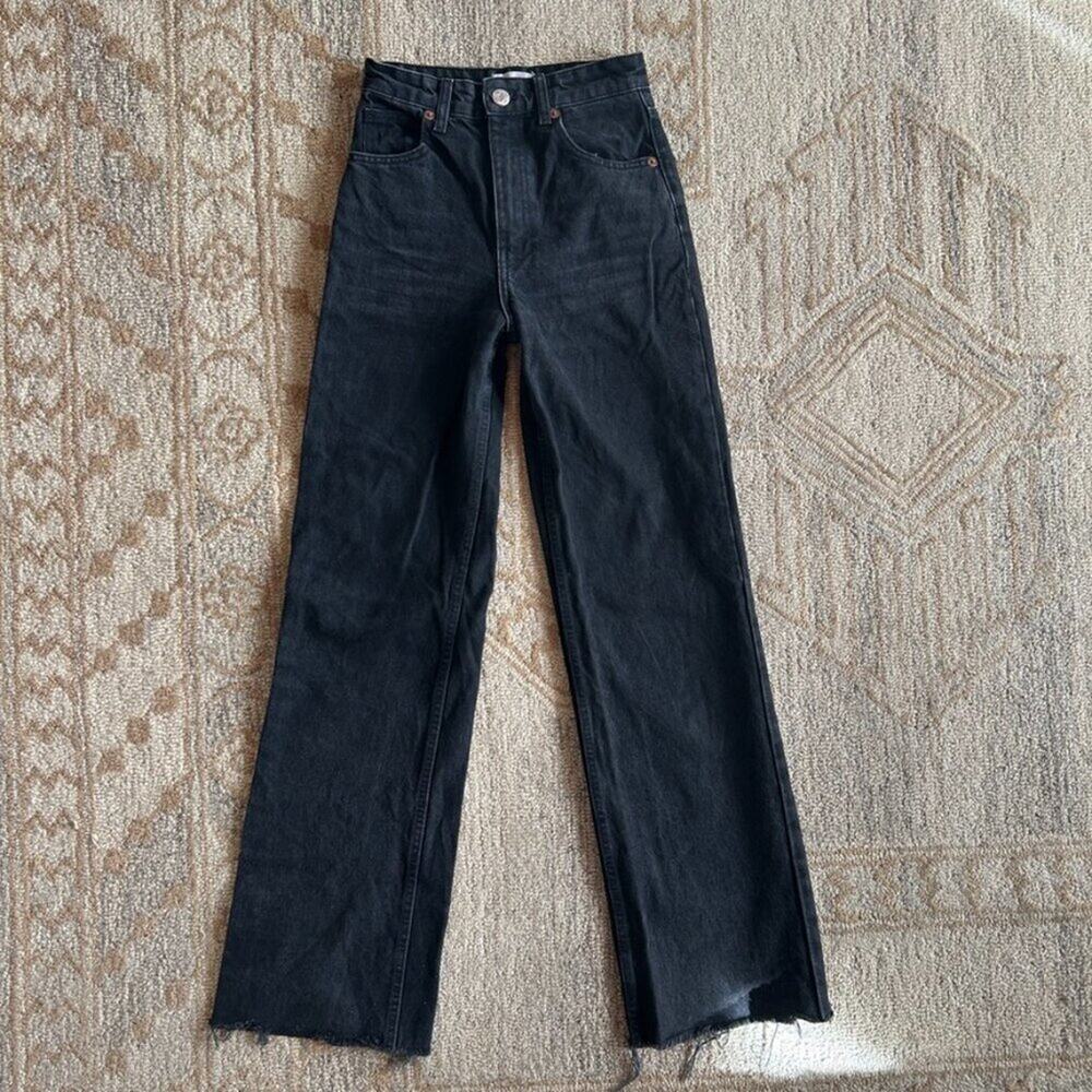 Black Straight Leg Jeans Women 2 High Rise Zara‎ Rigid Denim Classic
